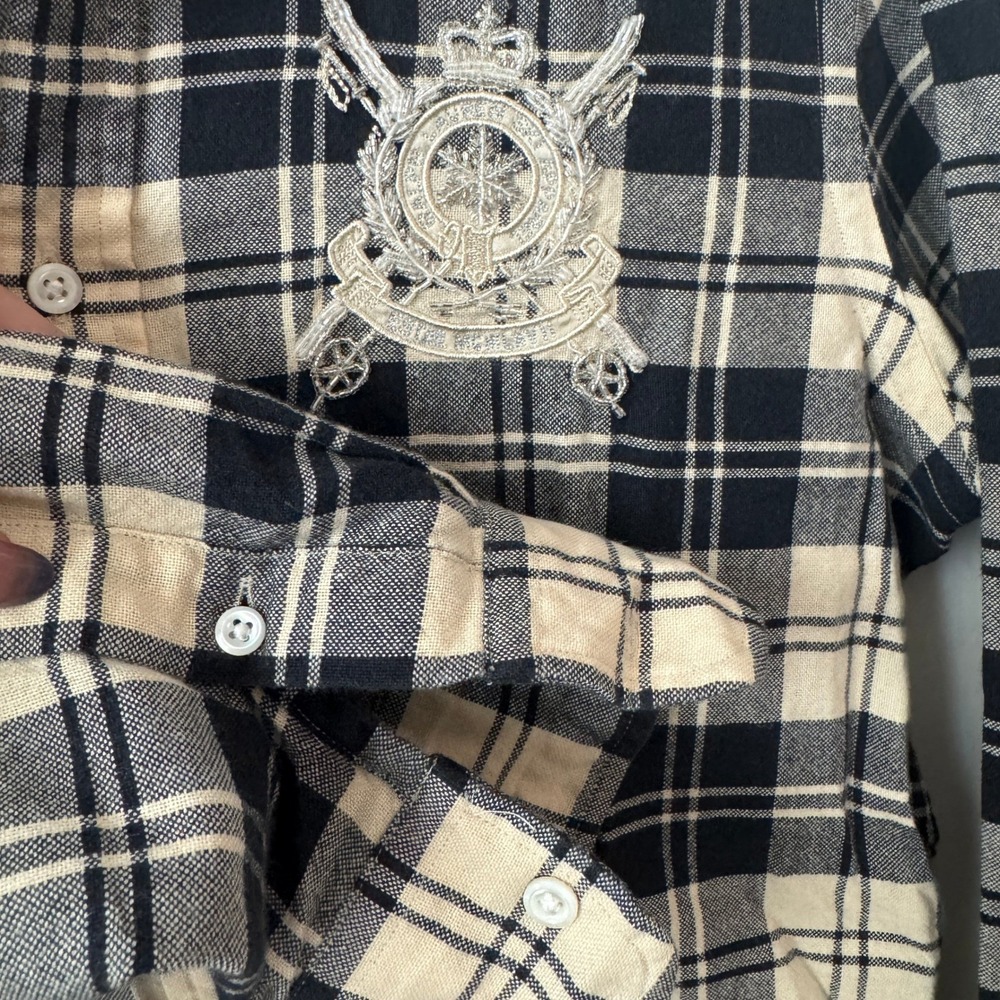 Ralph Lauren Cotton Wool Plaid Slim Fit Shirt Beaded Crest Brown Preppy Academia - Picture 6 of 11